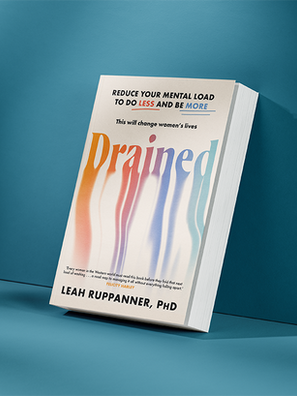 Book titled "Drained" by Leah Ruppanner, PhD, with colorful wavy lines on cover, against a blue background.