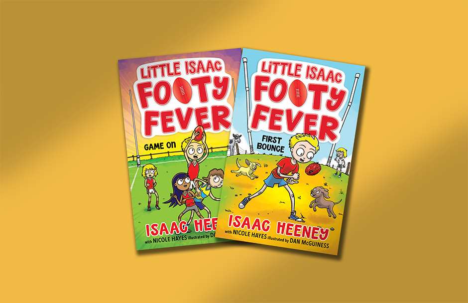 Two Little Isaac Footy Fever book covers on a yellow background, with kids on a footy field; titles Game On and First Bounce.