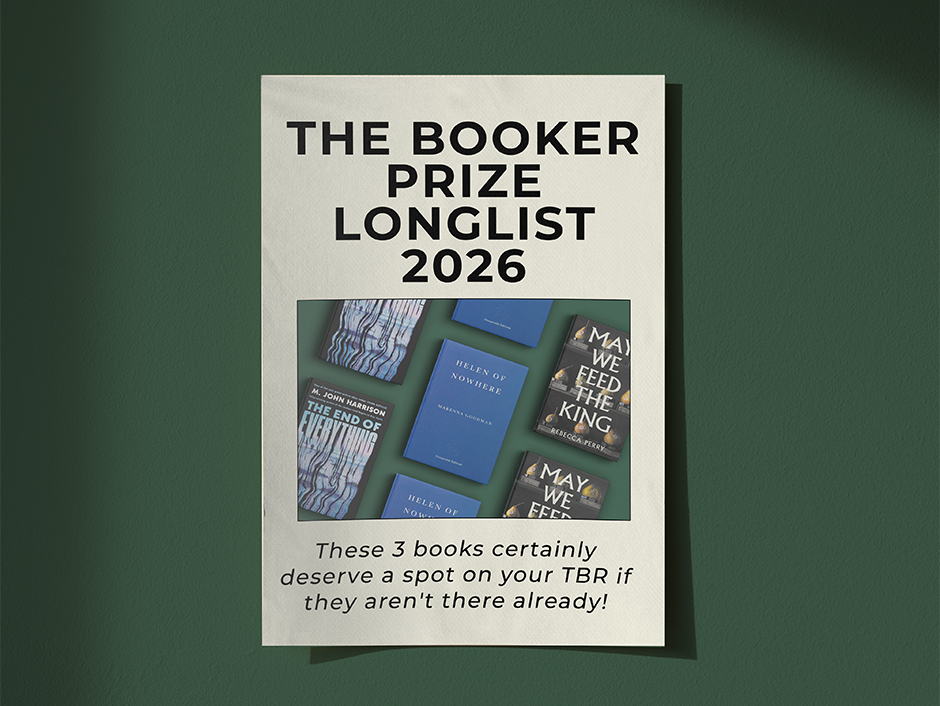 Several book covers on green background, including Helen of Nowhere, The End of Everything, and May We Feed the King.