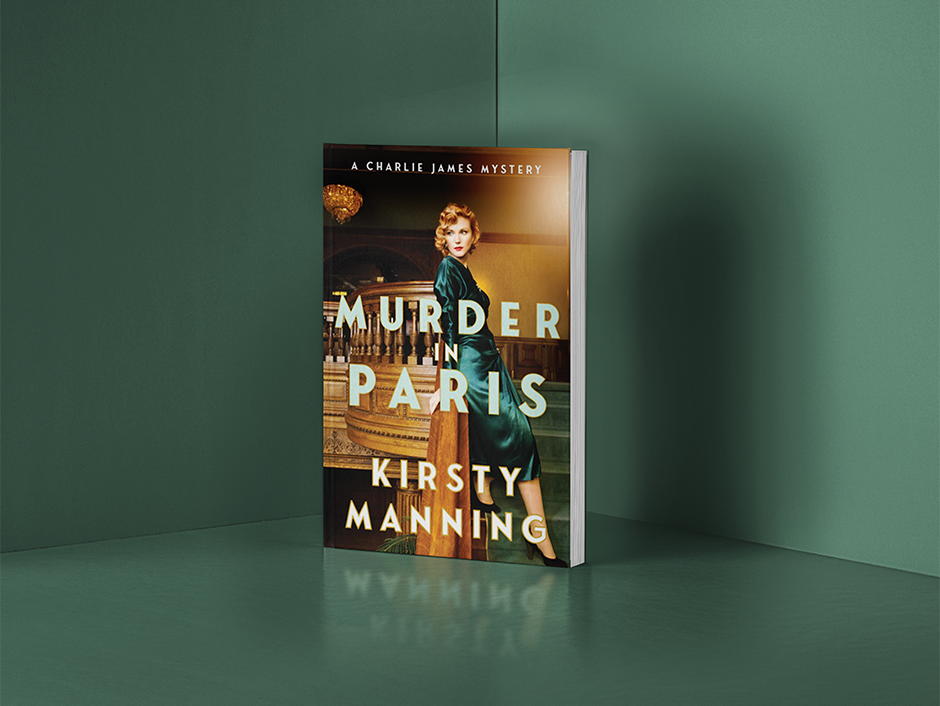 Book cover of "Murder in Paris" by Kirsty Manning. Features a woman in a teal dress against an elegant Parisian backdrop, set in a green room.