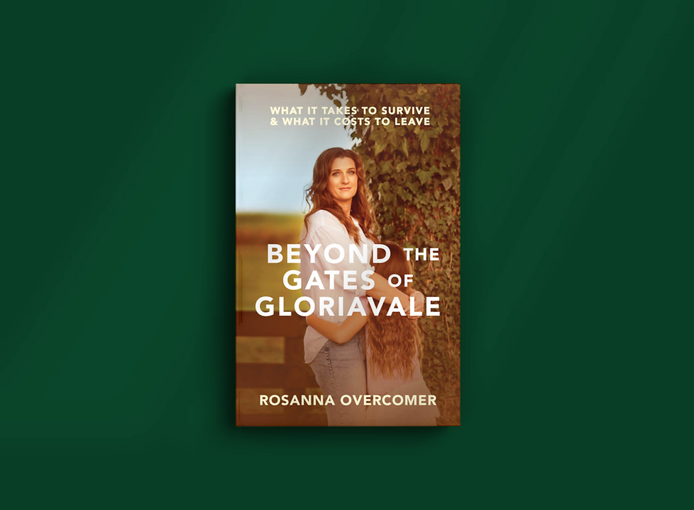 Book cover of Beyond the Gates of Gloriavale by Rosanna Overcomer, showing a woman beside ivy and a child, with serious mood.
