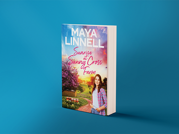 Book cover on a blue background, showing a woman in a checkered shirt on a farm at sunrise. Title: "Sunrise at Sunny Cross Farm".