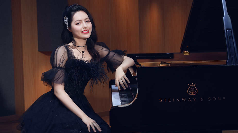 Black Swan resting an arm on a Steinway concert grand piano