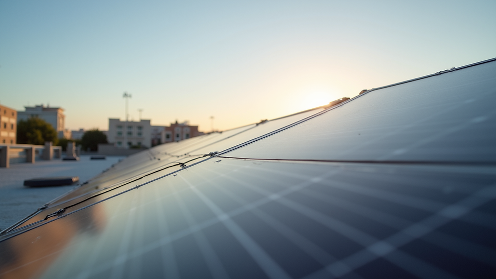 Plano detalle de paneles solares instalados en la azotea de un hotel