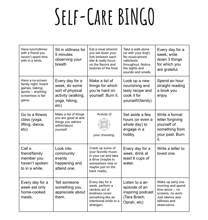 Self Care Bingo Mental Health Motivation