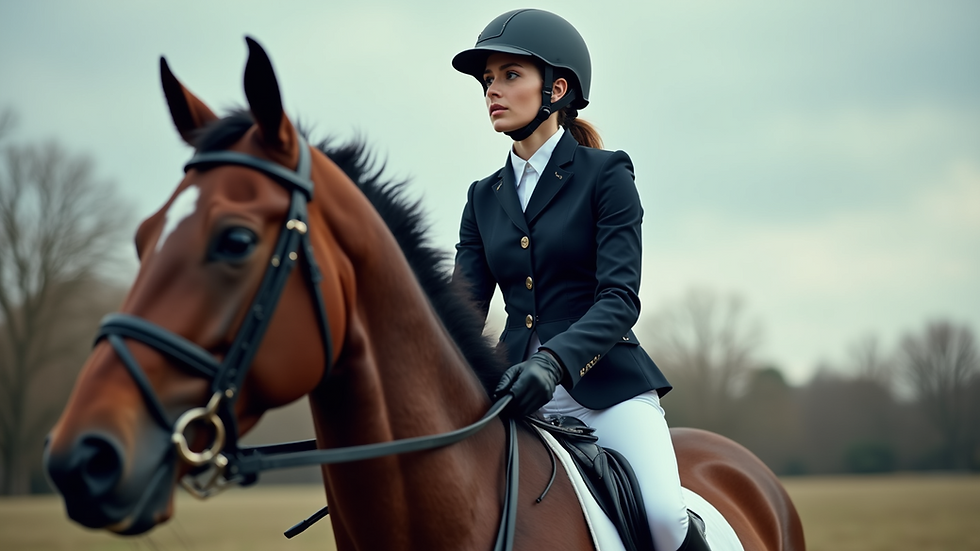 Eye-level view of an equestrian rider wearing a riding helmet and jacket
