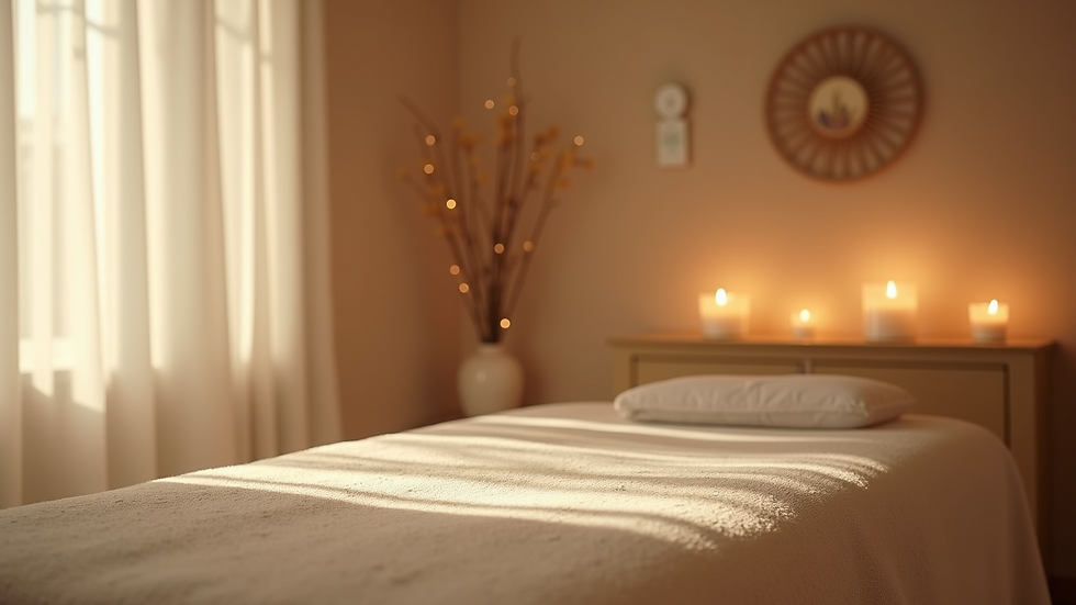 Eye-level view of a serene massage room with soft lighting and calming decor