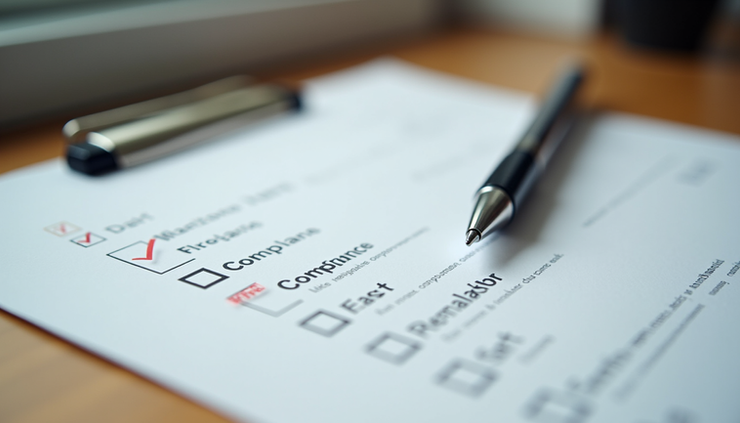 Eye-level view of a document checklist with a pen on a wooden desk