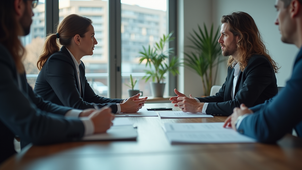 Eye-level view of a business meeting discussing licensing agreements