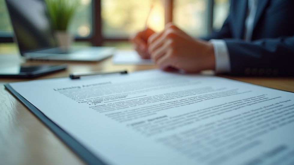 Close-up view of a consultant reviewing licensing agreement documents