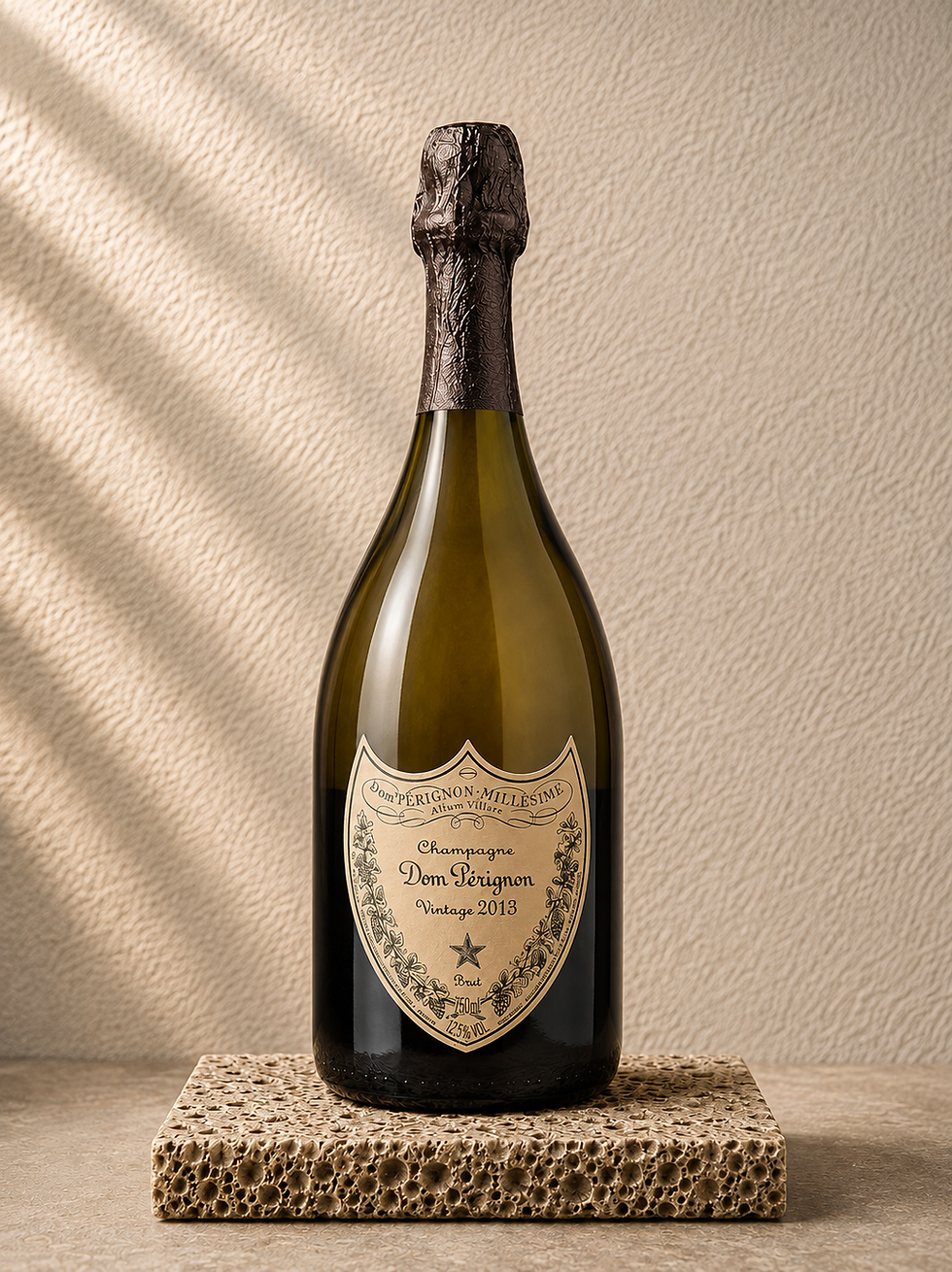 Fles Champagne Dom Pérignon Vintage 2015 op een voetstuk