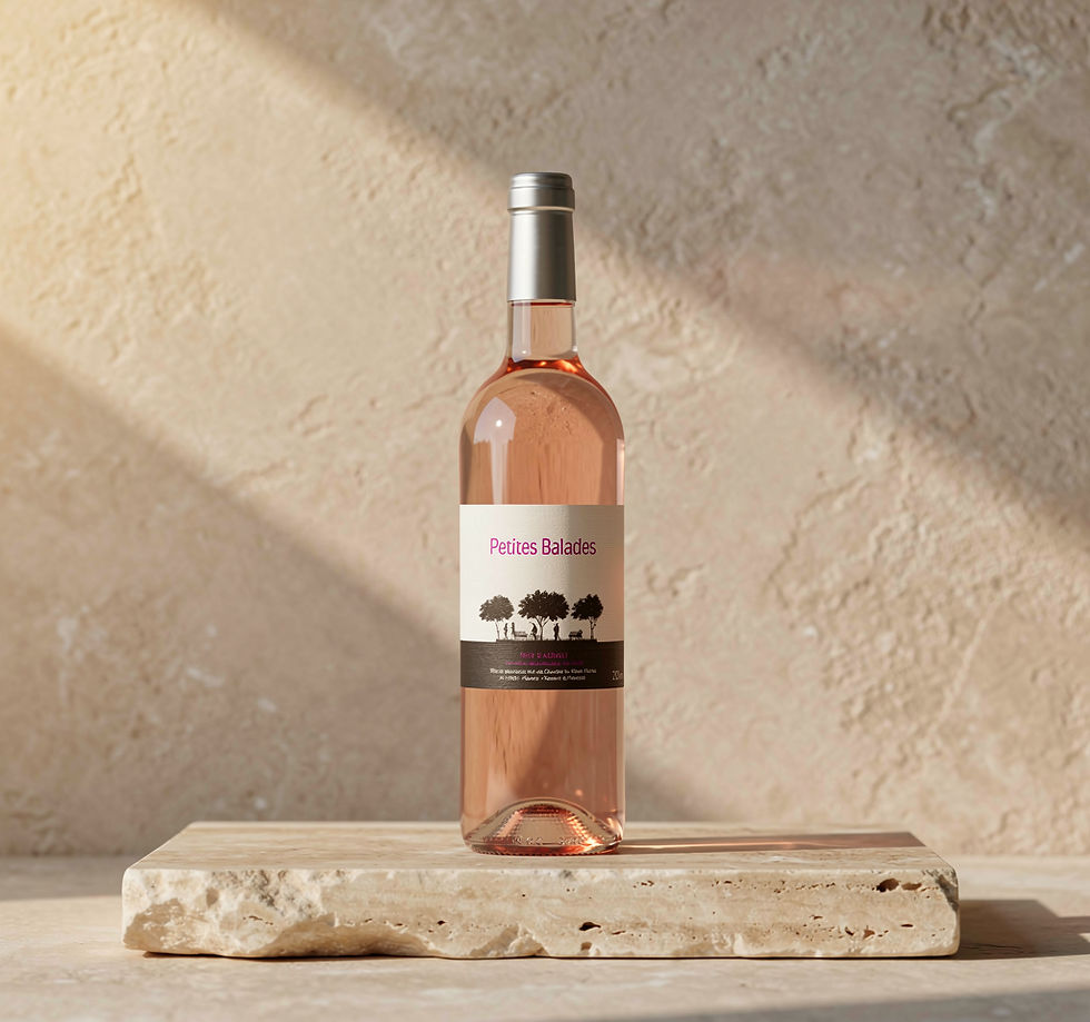 Fles Petites Balades rosé op een stenen voetstuk.
