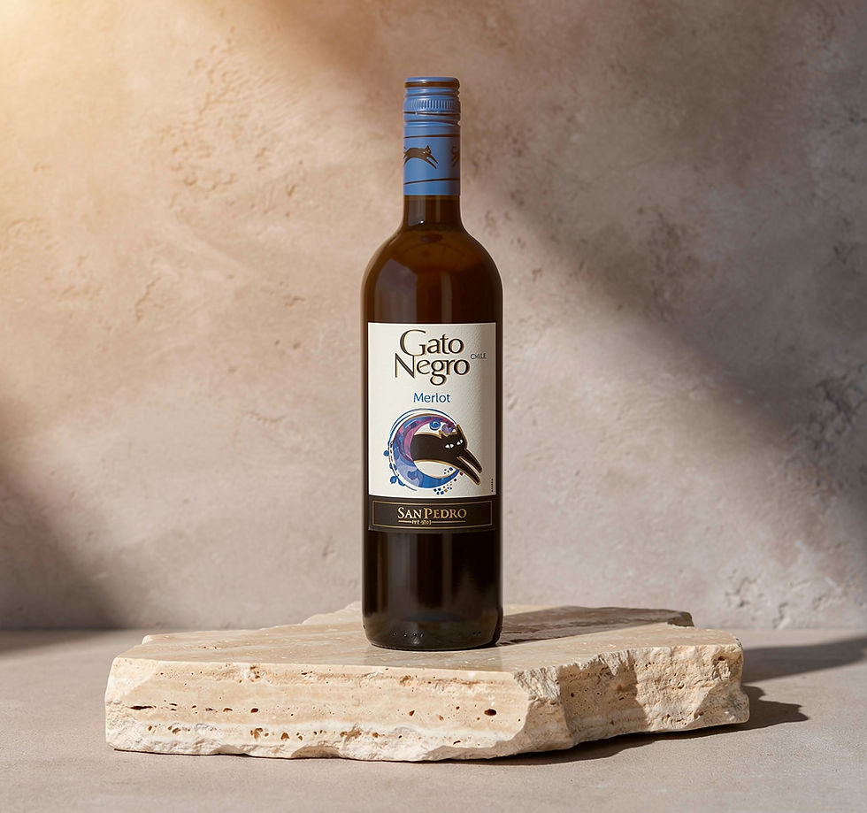 Fles Gato Negro Merlot op een stenen plateau.