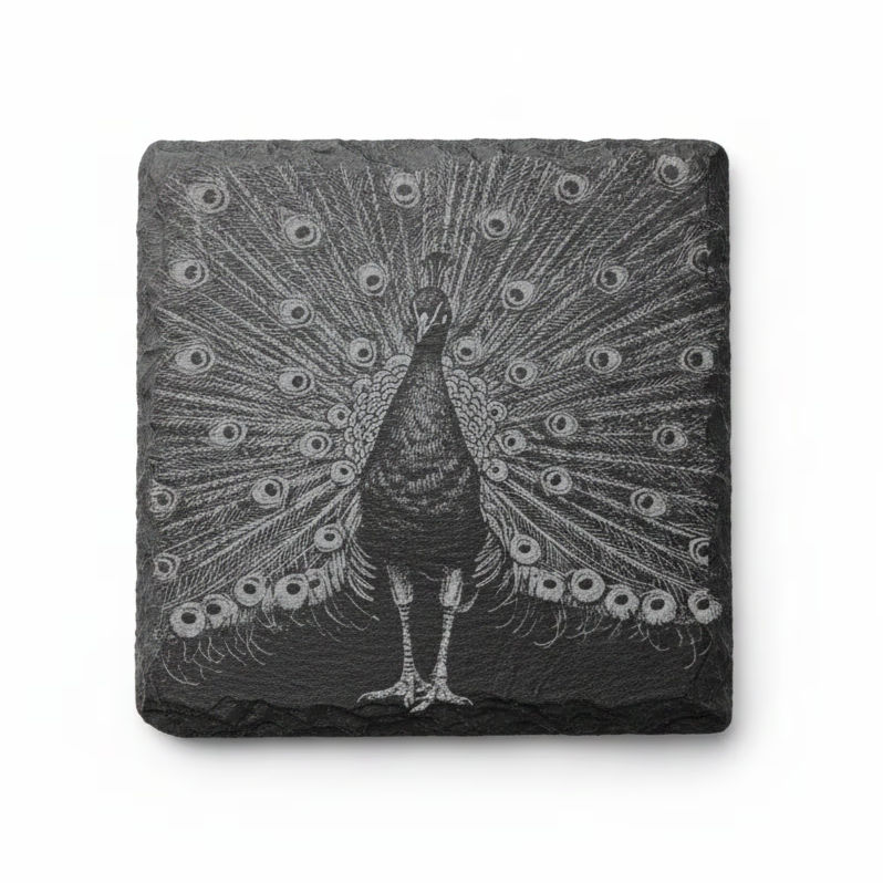 Laser engraved peacock slate coaster — Whimsical & Roo