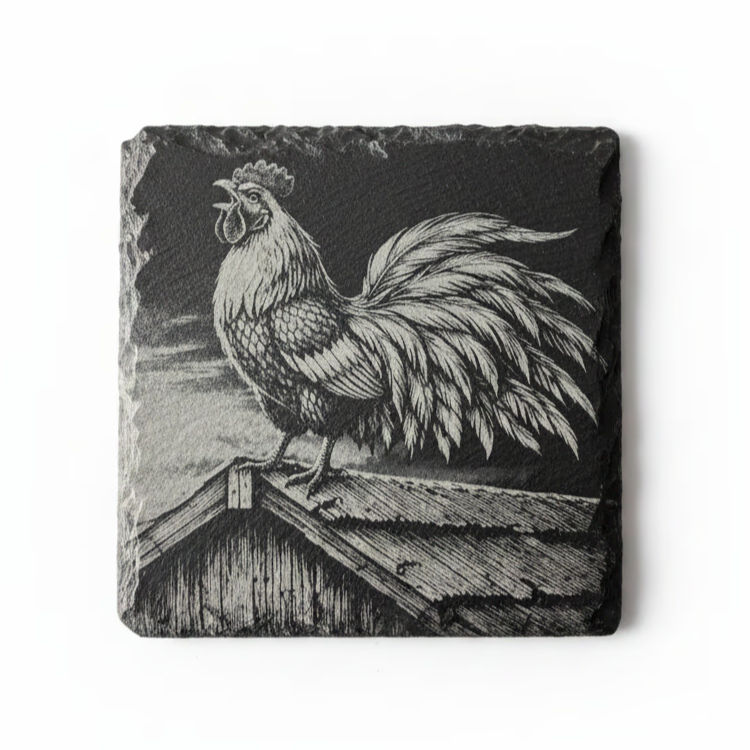 Laser engraved cockerel slate coaster — Whimsical & Roo