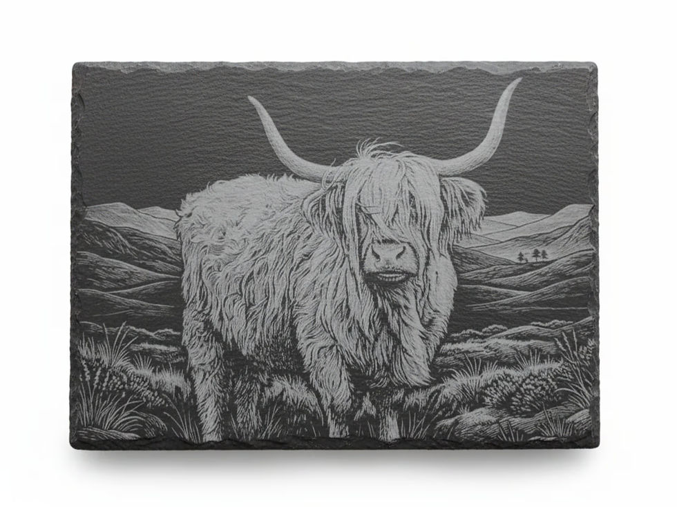 Laser engraved highland cow slate board — Whimsical & Roo