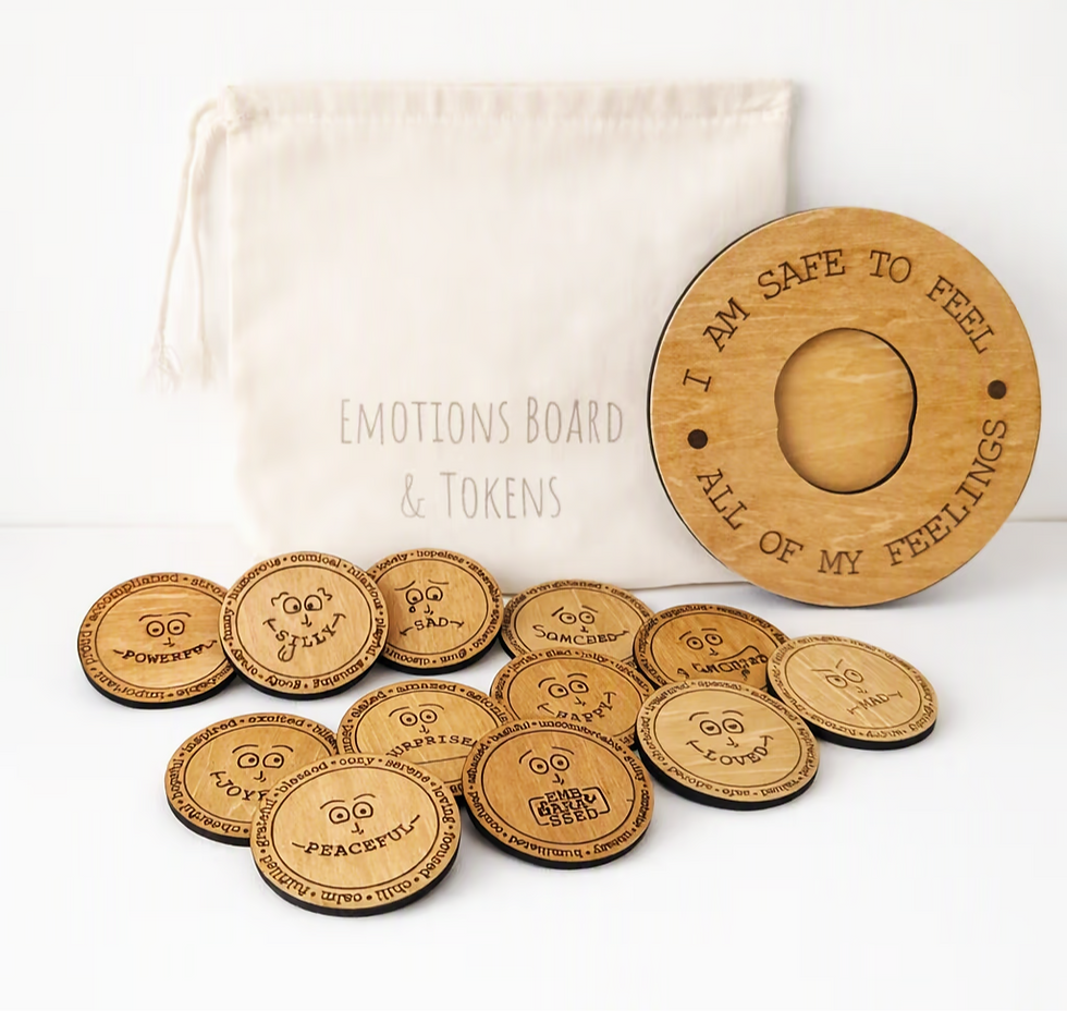 Laser engraved emotions board & tokens — Whimsical & Roo