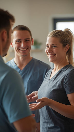 Create an photo realistic image of two fysiotherapists_Left a man, in his mid 40's, short 