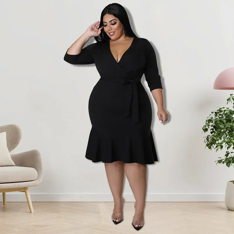 Thumbnail: Plus Size Women Dress v Neckline Plus Size Style Africa Summer Prom Women Dress