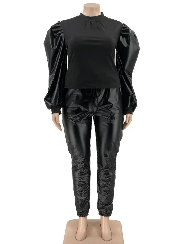 Thumbnail: Plus Size Two Piece Outfits Puff Sleeve Patchwork Crop and Pants