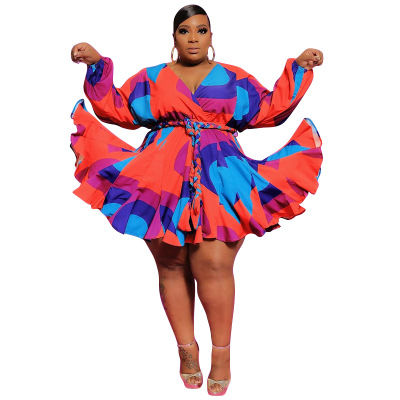 Thumbnail: Printed V-Neck Sexy Women Big Skirt With Belt Plus Size Women's Beach Dress