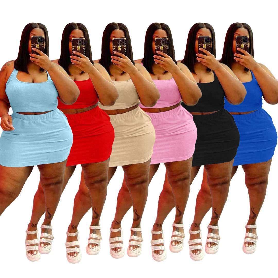 KX77211 Summer Two Piece Skirt and Crop Top Set Plus Size Women Clothing