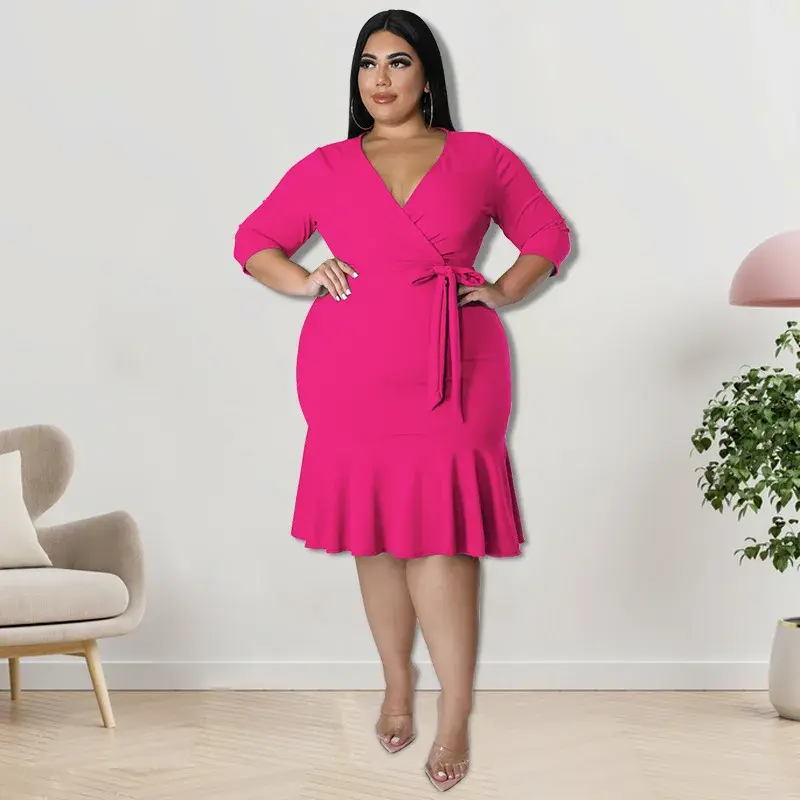 Thumbnail: Plus Size Women Dress v Neckline Plus Size Style Africa Summer Prom Women Dress