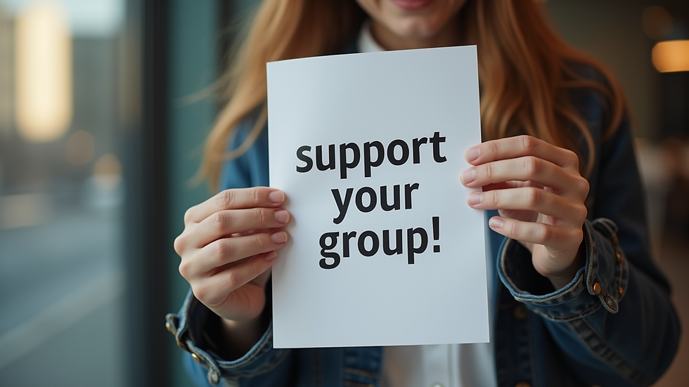 Close-up view of a person holding a support group flyer