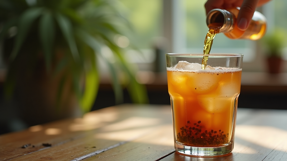 Close-up view of a hemp beverage being poured into a glass