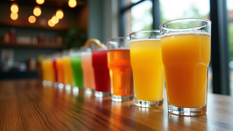 Eye-level view of various colorful THC beverages lined up on a table