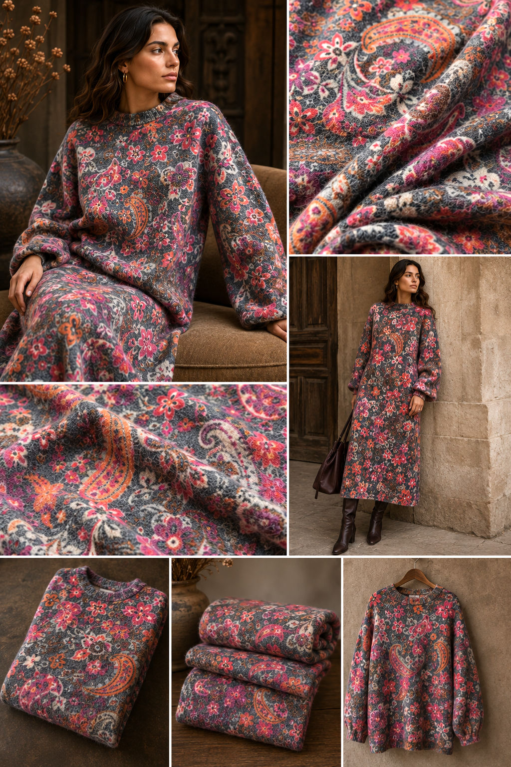 Geborstelde gebreide wolmix – Paisley en bloemen print