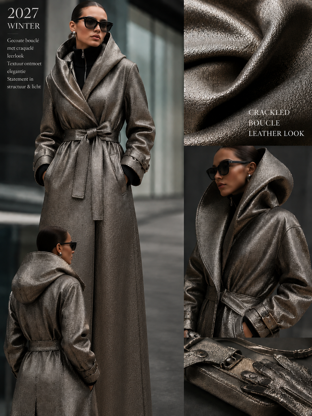 Gecoate bouclé mantelstof met craquelé leerlook - zilver