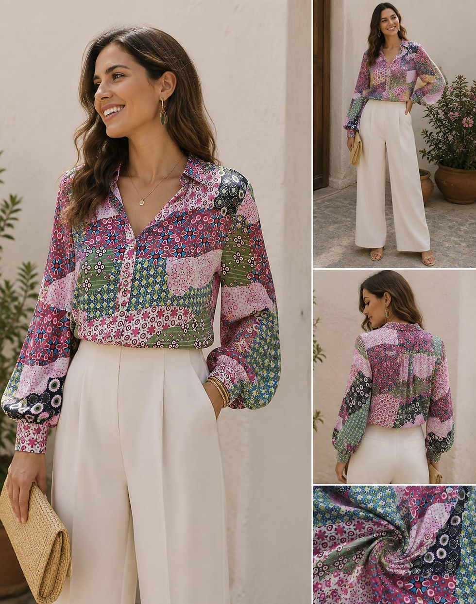 Crêpe stof met kleurrijke patchwork bloemenprint in roze, fuchsia, groen, turquoise, zwart en wit.