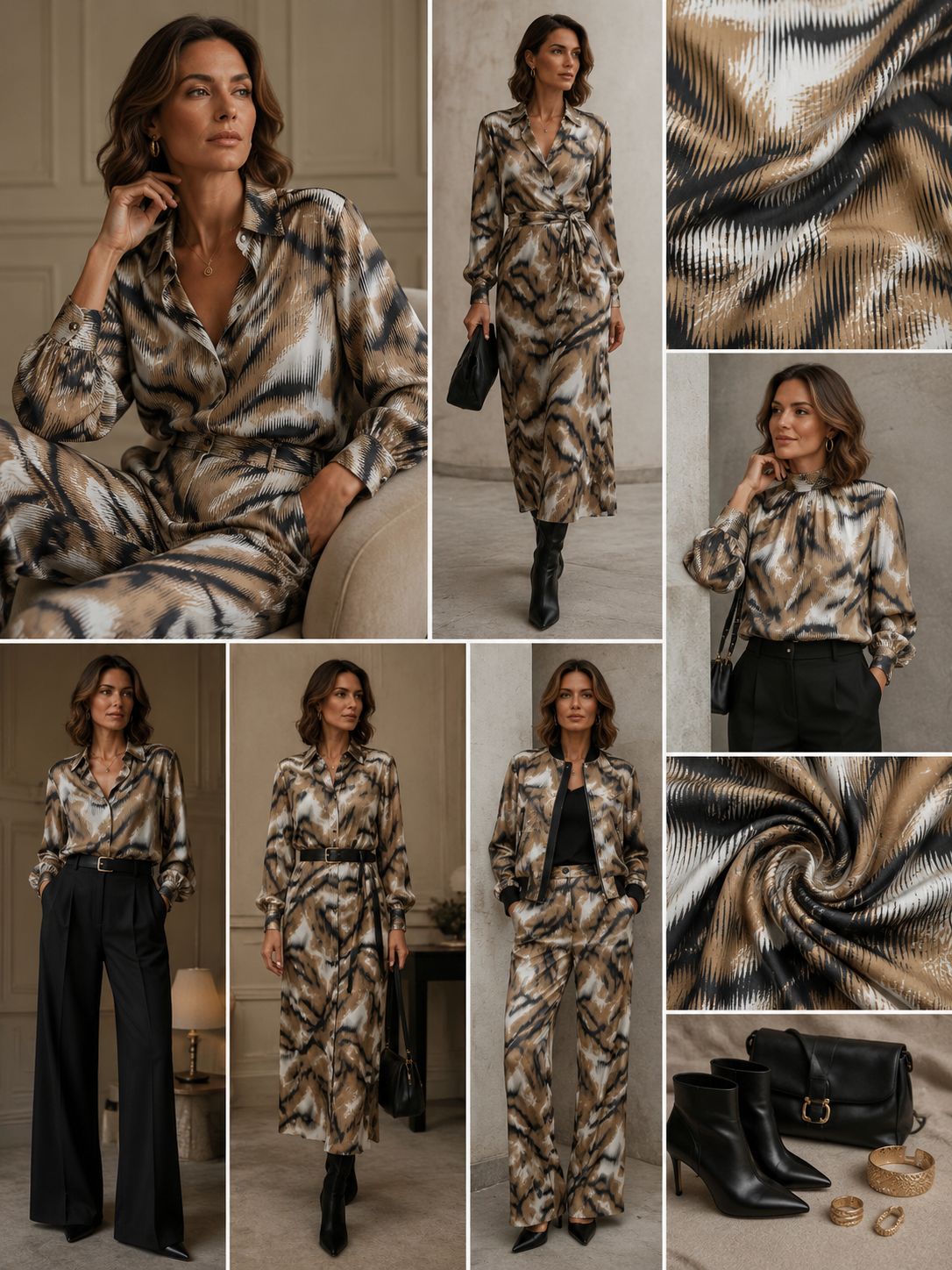 Abstracte Stretch Polyester Stof Taupe Zwart | Damesmode Herfst Winter