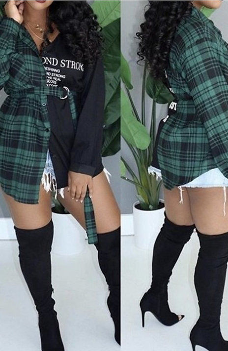 Thumbnail: Uniquely Yours Half Solid Half Plaid Top - Green
