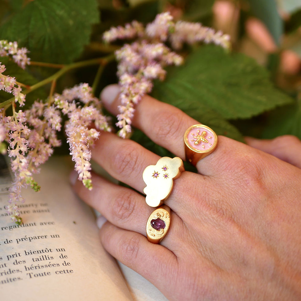 Miniature : Chevalières bagues dorées en vermeil émaux et pierres Marie Pompougnac bijoux