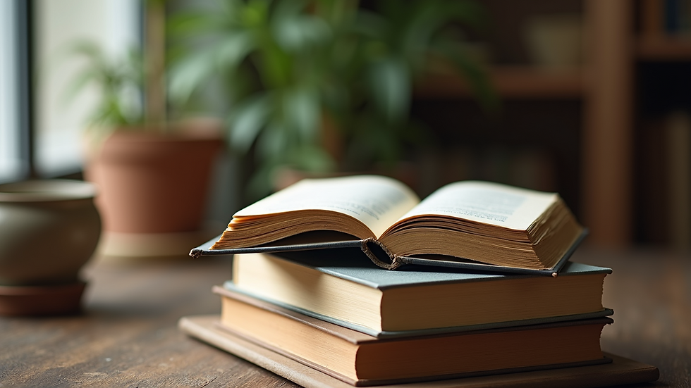 High angle view of a stack of books with one book open on top