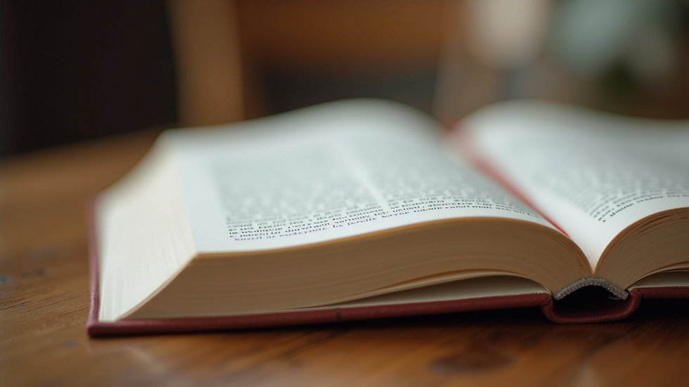 Close-up view of an open book with a bookmark on a wooden table