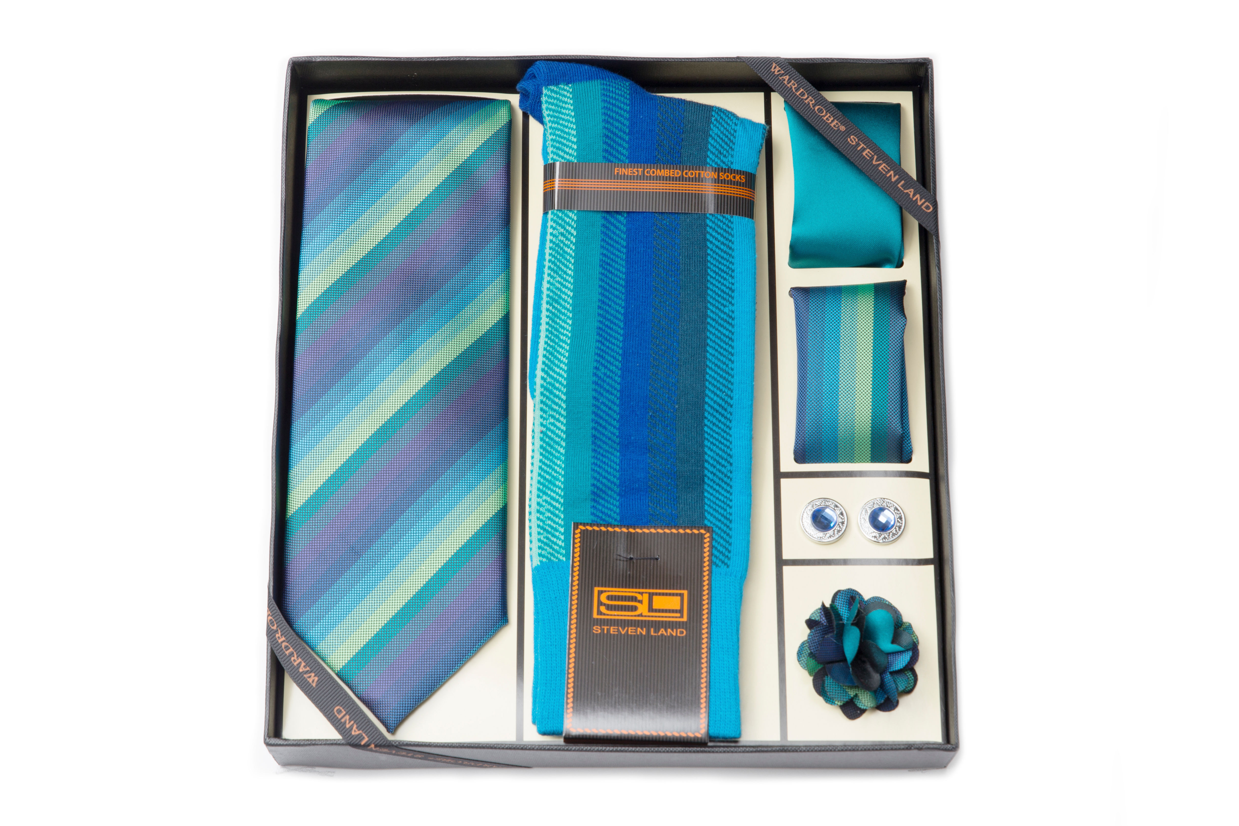 Steven Land Wardobe Gift SetI6pc Tie, Hankies (2), Sock, cufflink and boutineer