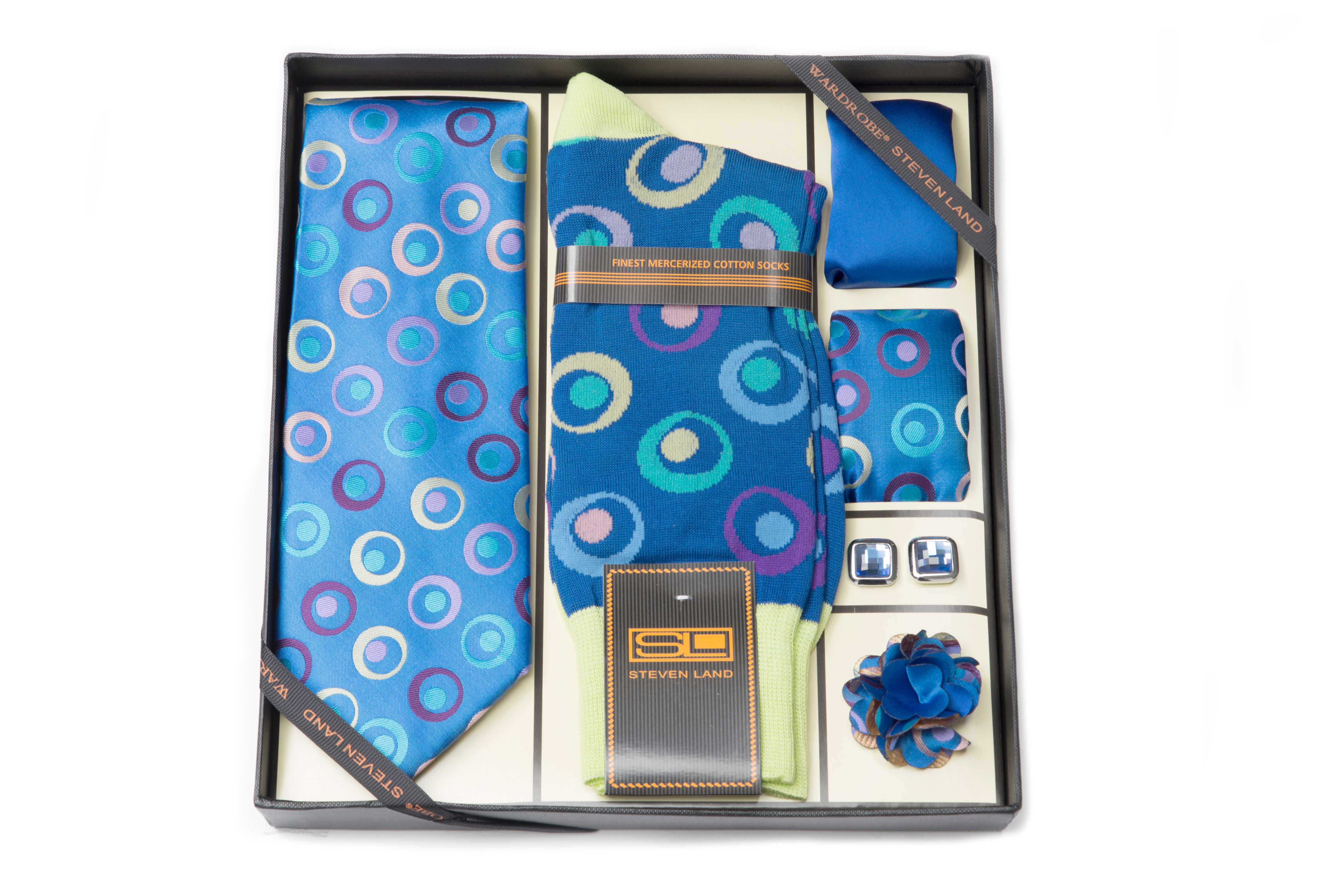 Steven Land Wardobe Gift SetI6pc Tie, Hankies (2), Sock, cufflink and boutineer
