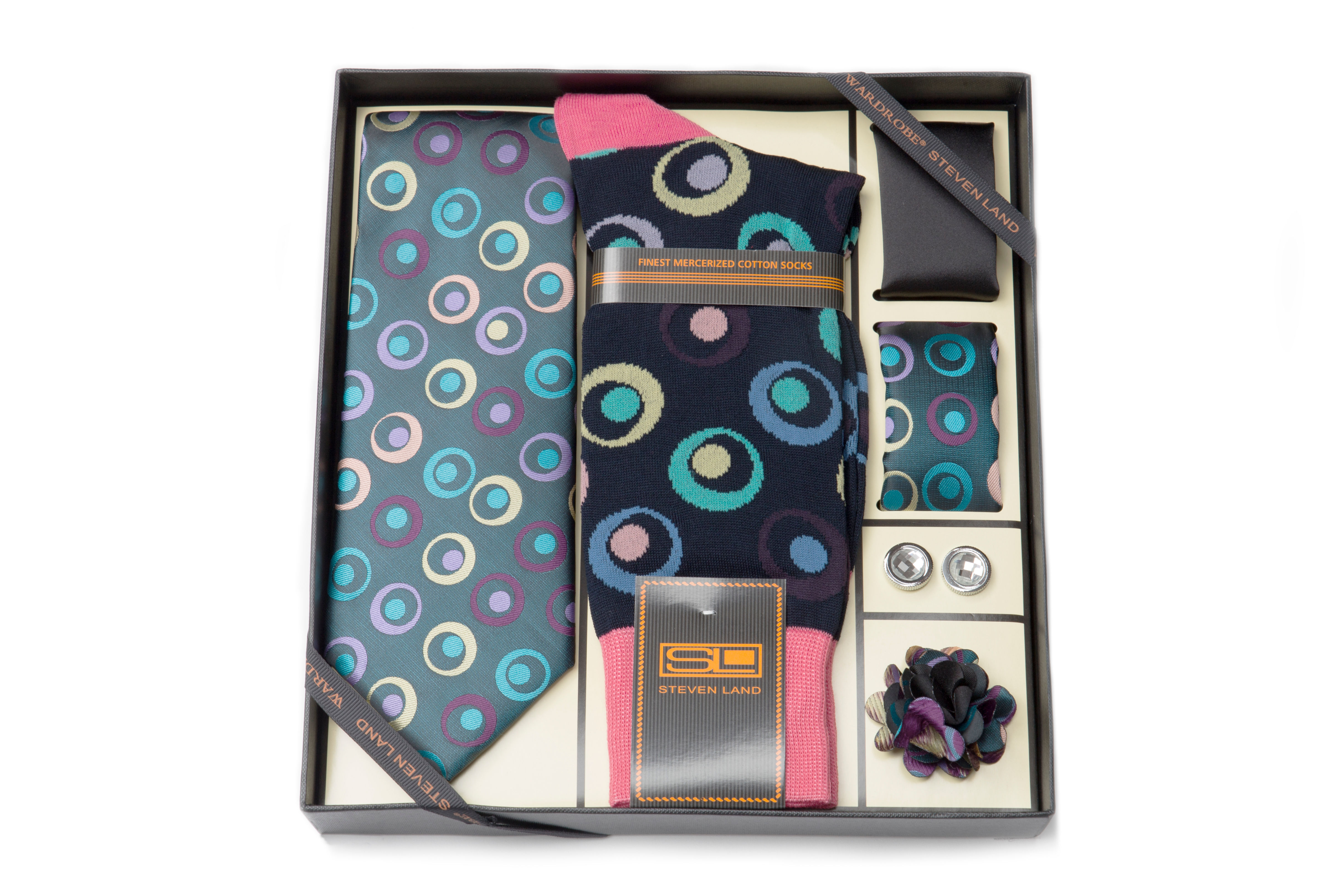 Steven Land Wardobe Gift SetI6pc Tie, Hankies (2), Sock, cufflink and boutineer