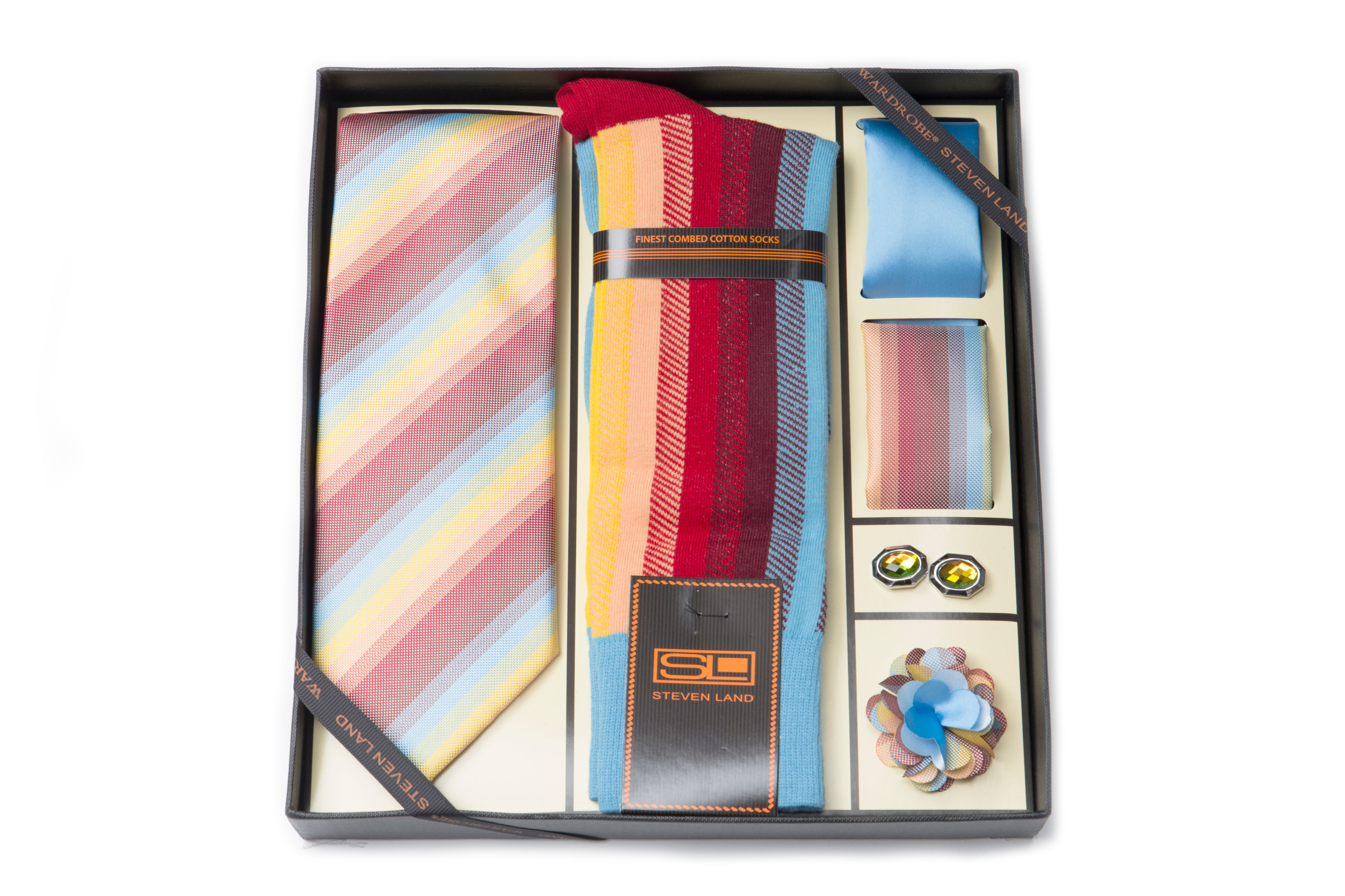 Steven Land Wardobe Gift SetI6pc Tie, Hankies (2), Socks, cufflink and boutineer