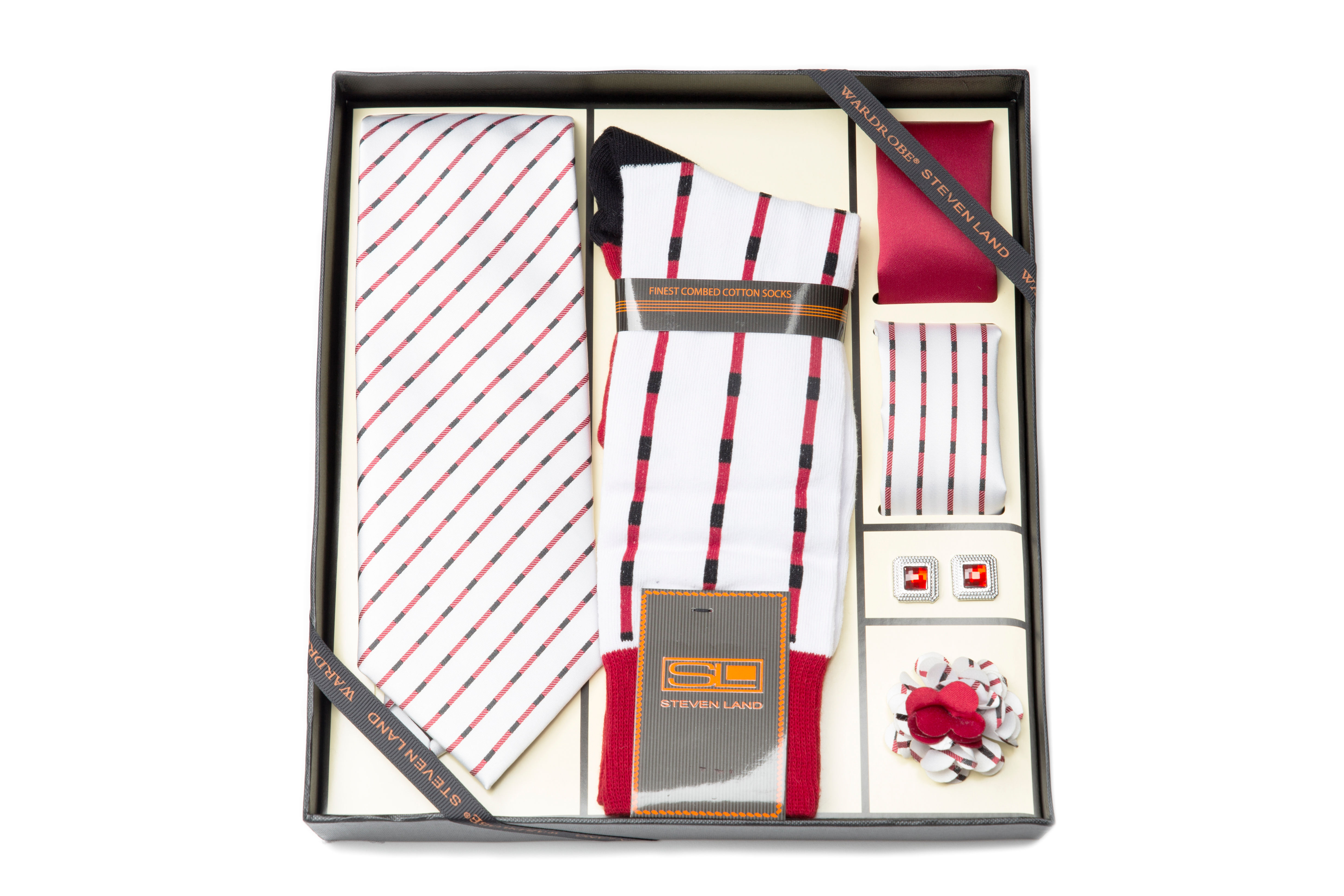 Steven Land Wardobe Gift SetI6pc Tie, Hankies (2), Sock, cufflink and boutineer