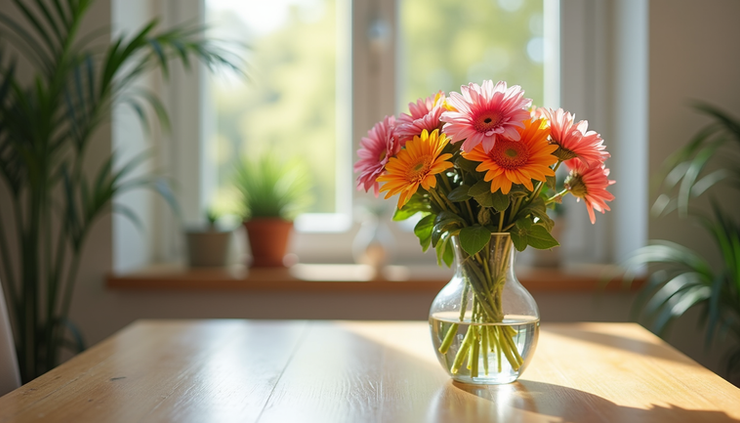 Eye-level view of a colorful bouquet of flowers arranged in a vase on a wooden table