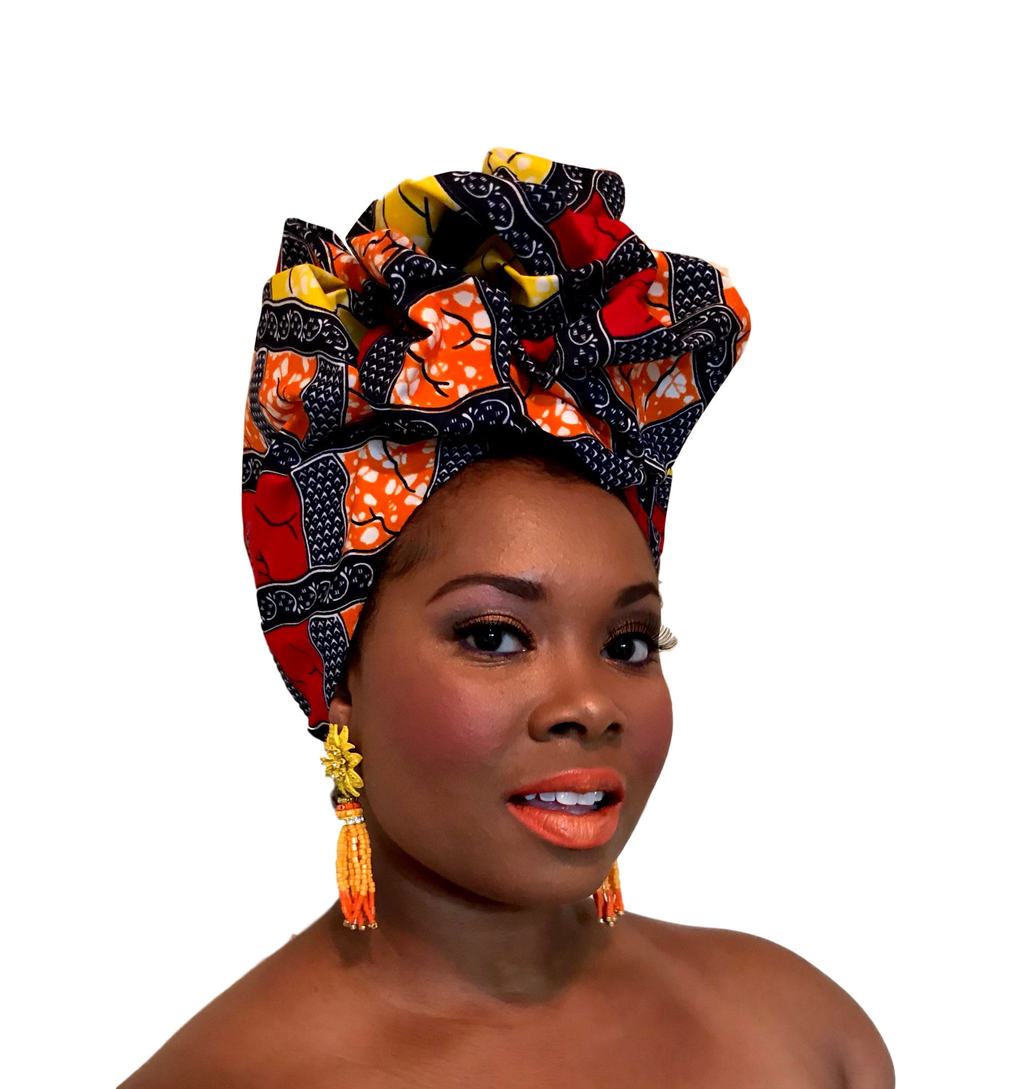 "Color Block" Deep Navy, Yellow, White, & Red African Print Head Wrap