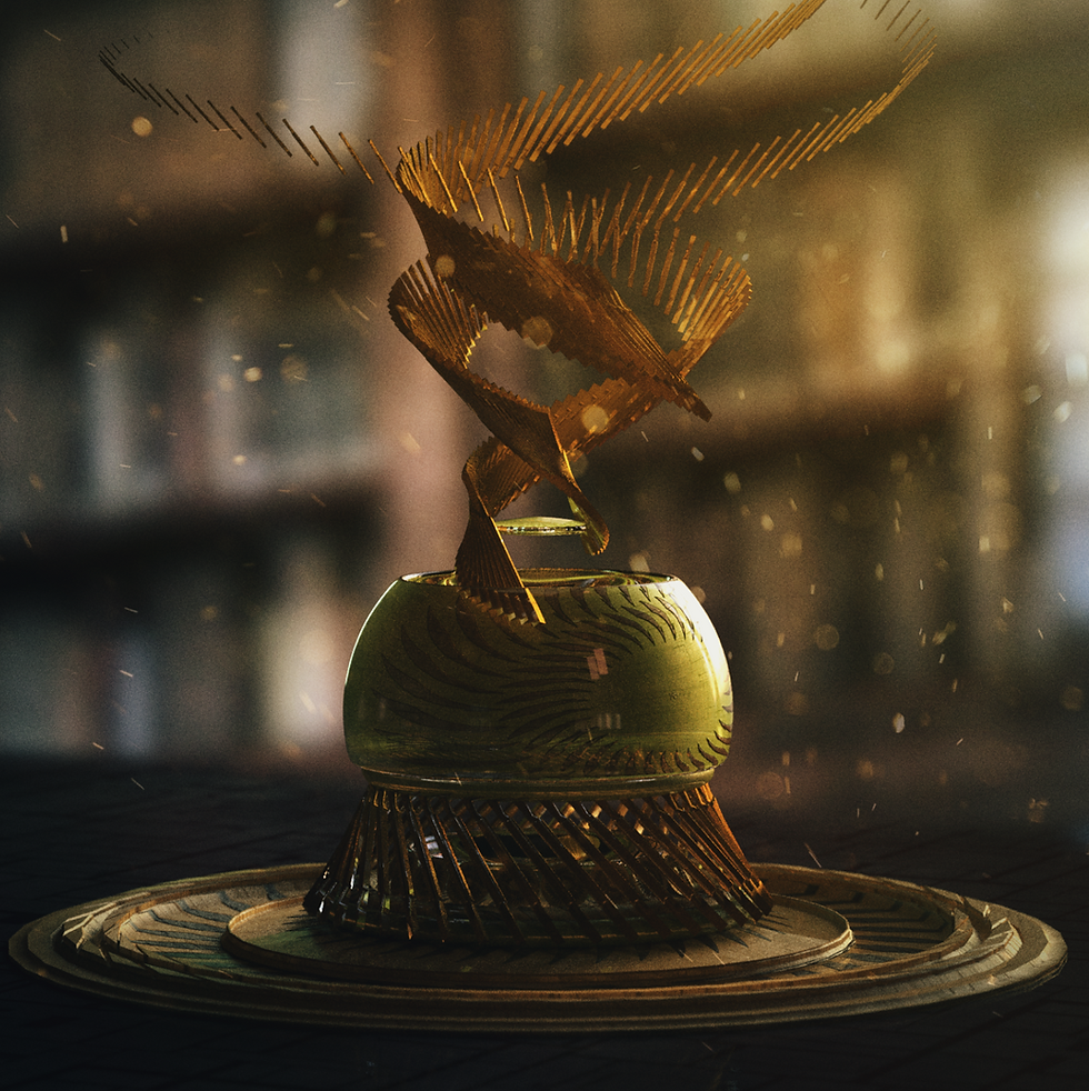 A gold and shiny ornament with lots of sharp edges.