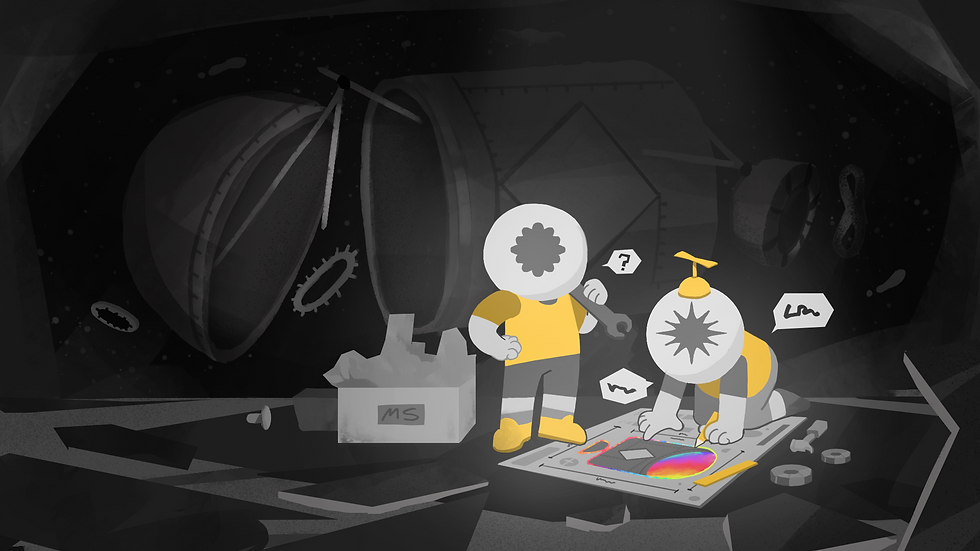 Two characters with bulb-shaped head are down under a cave and planning to build an invention with a colorful blueprint on the ground and a box of gears like wrench and hammer next to it. Behind them in the background are some unfinished machine.
