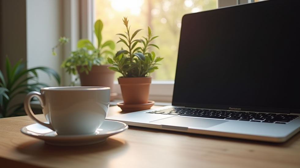 Eye-level view of a cozy home office with a laptop and a cup of tea