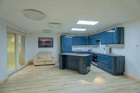 The sun beam coming through artificial sun sky system installed in ceiling.