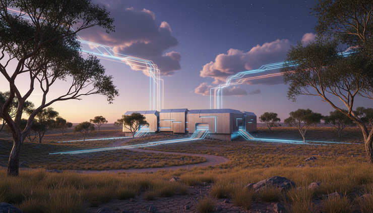 Wide-angle view of a secured data vault in an Australian eucalyptus landscape